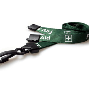 15mm Recycled Green First Aid Lanyards with Plastic J Clip (Pack of 100)